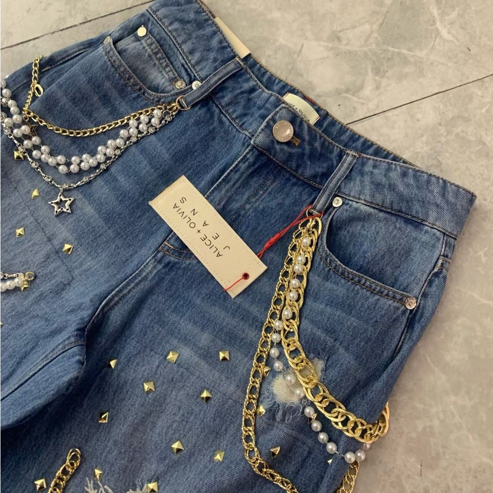 Alice + Olivia Harper Embellished Ripped Jeans - NWT - Picture 10 of 14